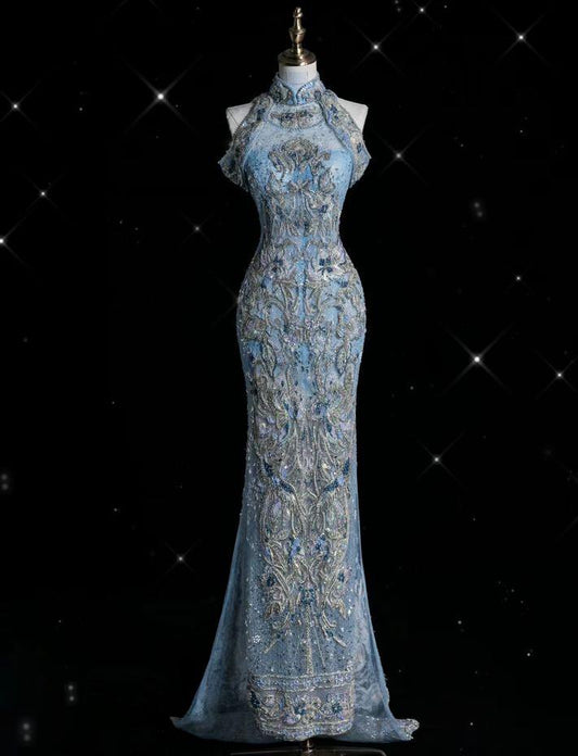 Vestido de fiesta largo de satén con apliques de cuentas y hombros descubiertos estilo sirena retro, vestido de noche GG685