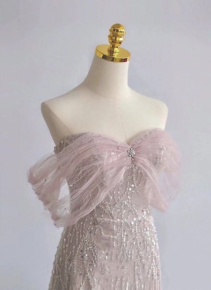 Exquisito vestido de fiesta largo de tul con cuentas y lentejuelas rosas, corte A y hombros descubiertos, vestido de noche GG689