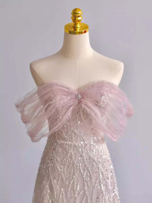 Exquisito vestido de fiesta largo de tul con cuentas y lentejuelas rosas, corte A y hombros descubiertos, vestido de noche GG689