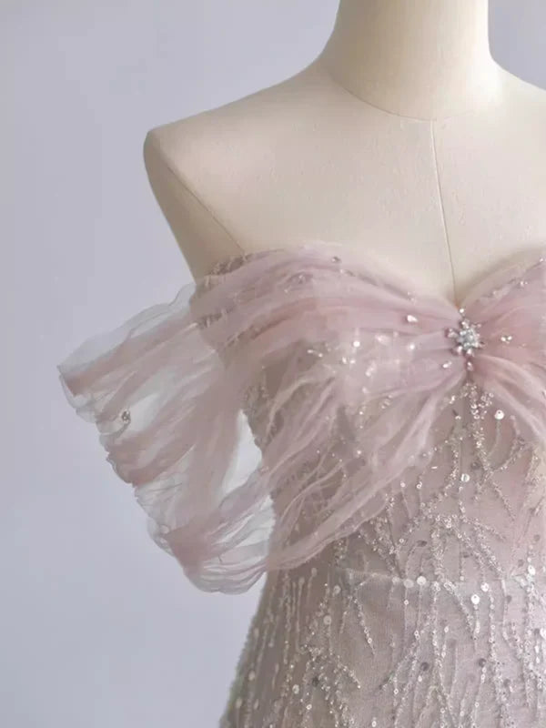 Exquisito vestido de fiesta largo de tul con cuentas y lentejuelas rosas, corte A y hombros descubiertos, vestido de noche GG689