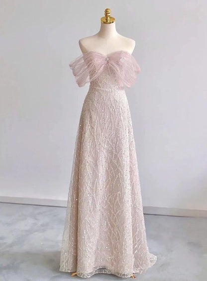 Exquisito vestido de fiesta largo de tul con cuentas y lentejuelas rosas, corte A y hombros descubiertos, vestido de noche GG689
