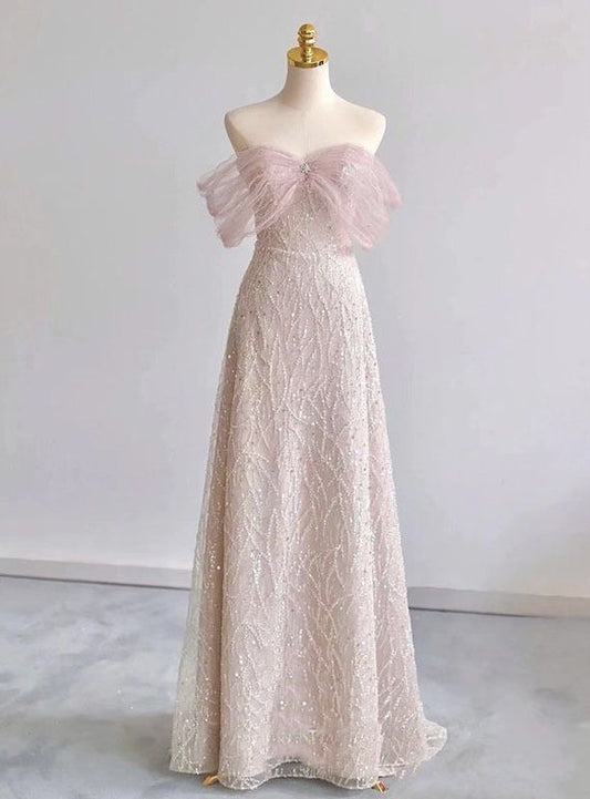 Exquisito vestido de fiesta largo de tul con cuentas y lentejuelas rosas, corte A y hombros descubiertos, vestido de noche GG689