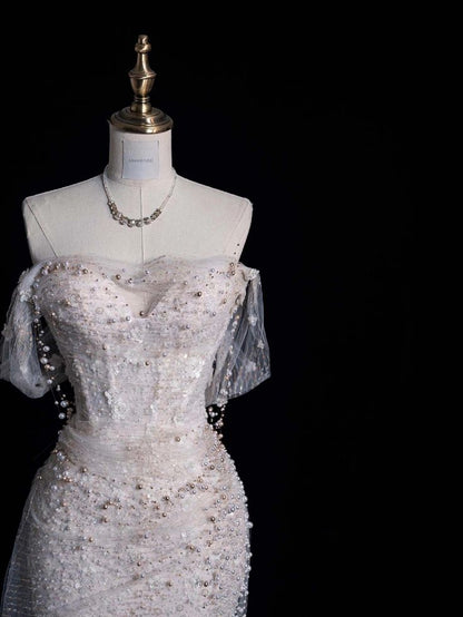 Vestido de fiesta largo de sirena con hombros descubiertos, tul rosa y cuentas, vestido de noche GG692