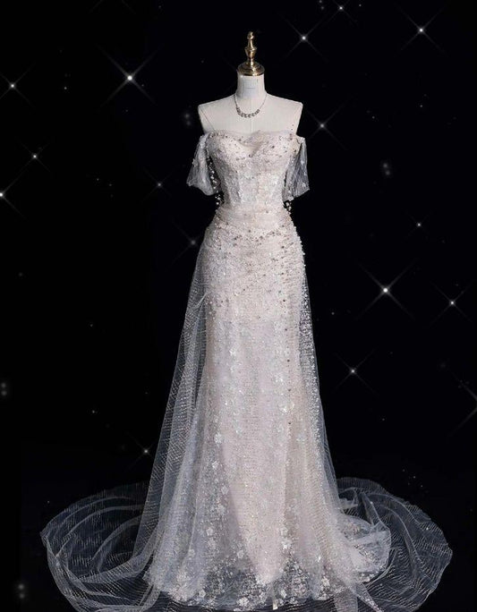 Vestido de fiesta largo de sirena con hombros descubiertos, tul rosa y cuentas, vestido de noche GG692