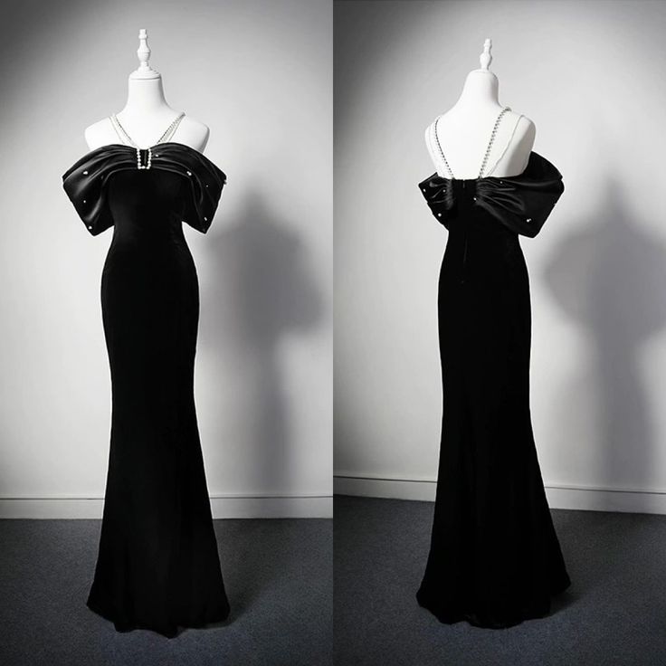 Elegante vestido de fiesta largo de sirena con hombros descubiertos, de terciopelo negro y cuentas, vestido de noche GG698