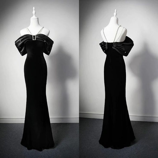 Elegante vestido de fiesta largo de sirena con hombros descubiertos, de terciopelo negro y cuentas, vestido de noche GG698