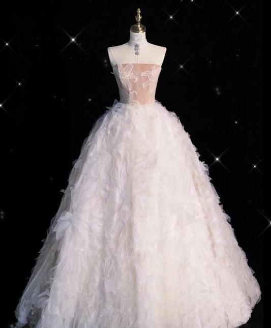 Vestido de fiesta largo elegante sin tirantes con apliques de tul rosa, vestido de noche GG700