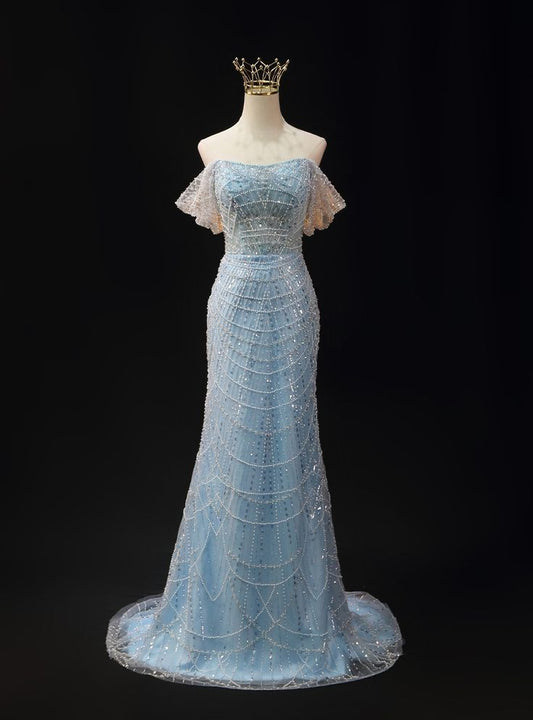 Hermoso vestido de fiesta largo de tul con cuentas y hombros descubiertos, estilo sirena, vestido de noche GG704