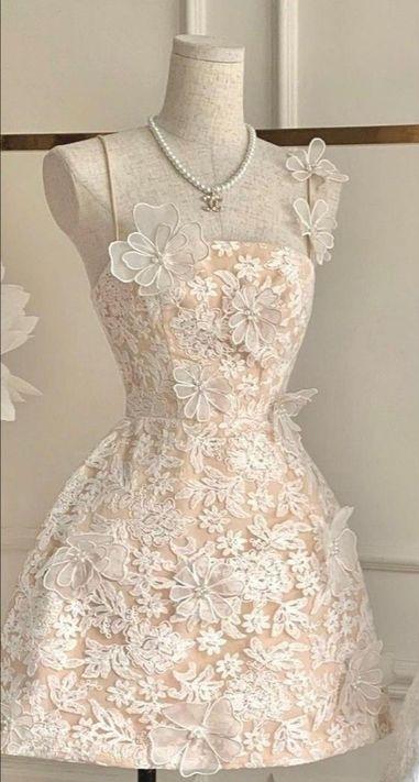 Vestido corto de fiesta con corte en A, tirantes finos, encaje floral, vestido de regreso a casa y vestido de noche GG706