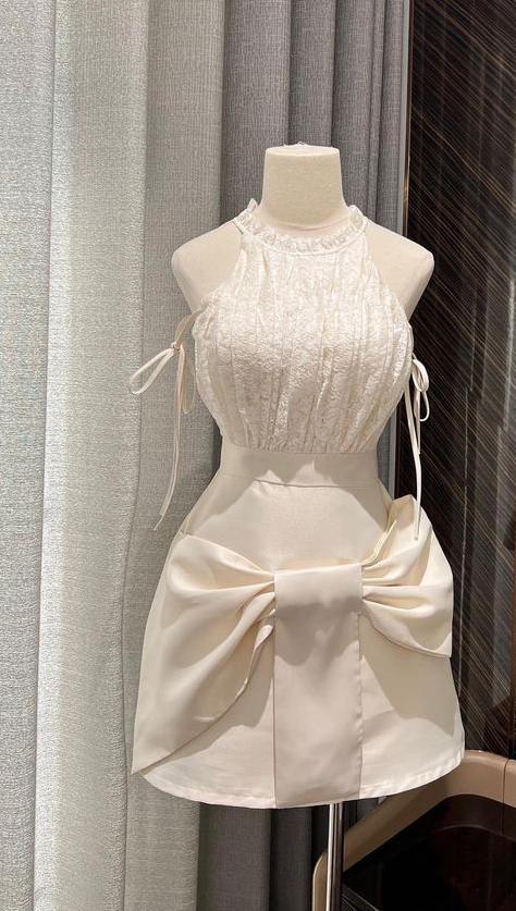 Vestido de fiesta corto elegante con escote halter y lazo de satén color marfil claro, vestido de regreso a casa y vestido de noche GG709