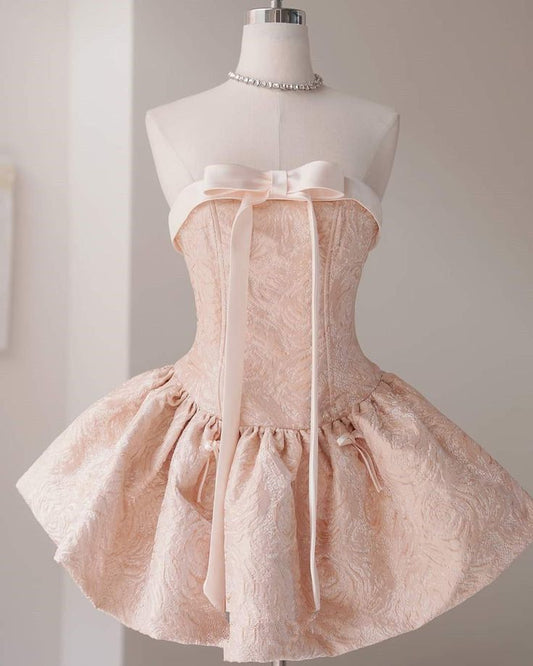 Vestido de fiesta corto de satén rosa suave, sin tirantes, con lazo, corte A, para regreso a casa y noche, GG711