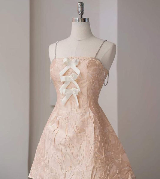 Vestido de fiesta corto rosa ruborizado con tirantes finos, lazo de satén, corte A, para regreso a casa y noche GG712