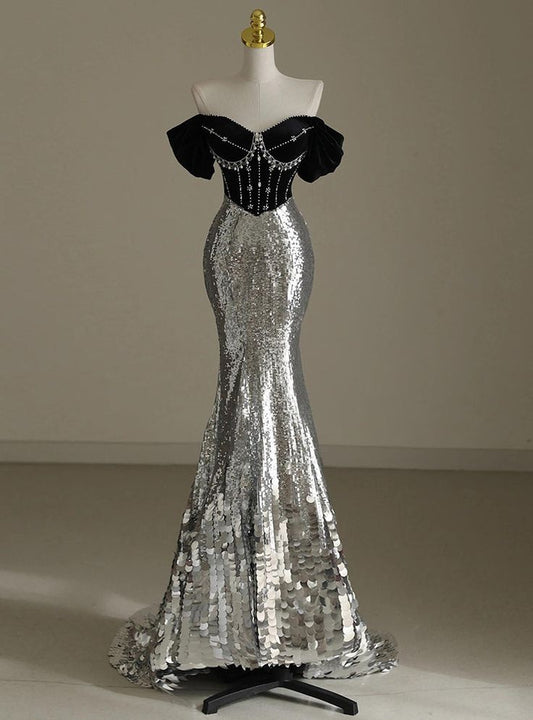 Vestido de fiesta largo de sirena brillante con hombros descubiertos, lentejuelas y cuentas, vestido de noche GG715