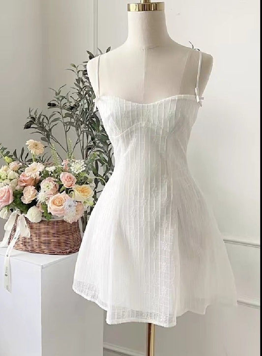 Vestido de fiesta corto de tul blanco con tirantes finos, corte A, para regreso a casa y noche, GG718