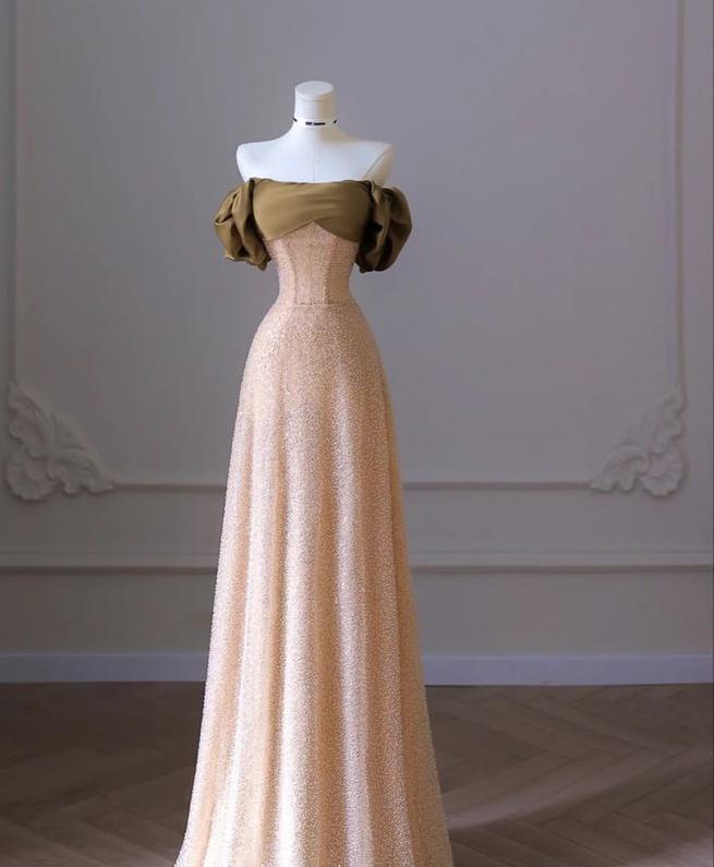 Elegante vestido de fiesta largo de tul color champán con hombros descubiertos y cuentas, vestido de noche GG722