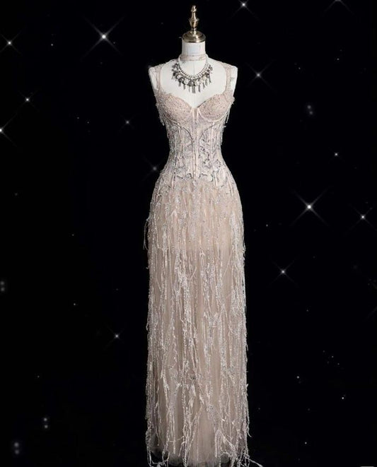 Vestido de fiesta largo de tul color champán claro con escote corazón y elegante corte sirena, vestido de noche GG726