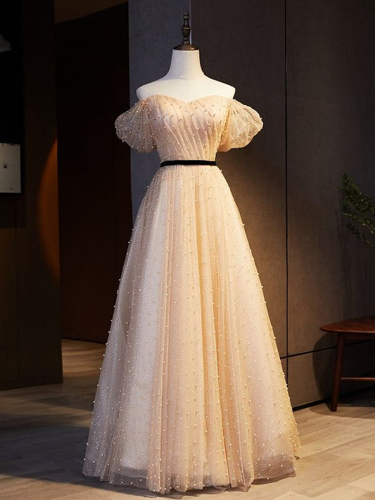 Vestido de fiesta largo elegante de corte A con hombros descubiertos, tul champán y perlas, vestido de noche GG732