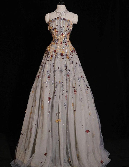 Vestido de fiesta largo elegante de corte A sin tirantes de tul con apliques de lentejuelas, vestido de noche GG737