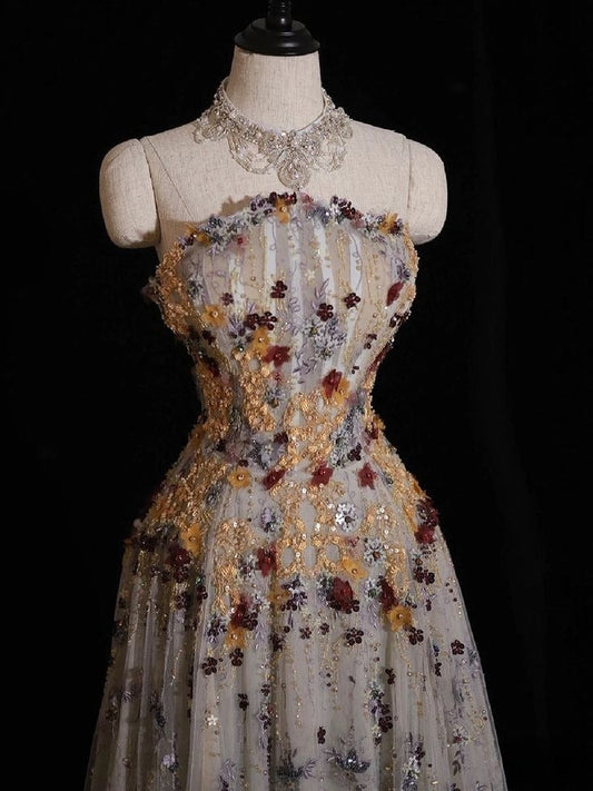 Vestido de fiesta largo elegante de corte A sin tirantes de tul con apliques de lentejuelas, vestido de noche GG737