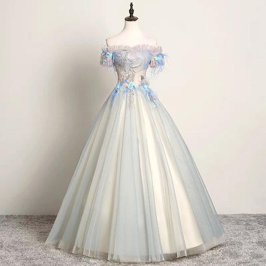 Elegante vestido de fiesta largo con hombros descubiertos y bordado de tul, vestido de noche GG744