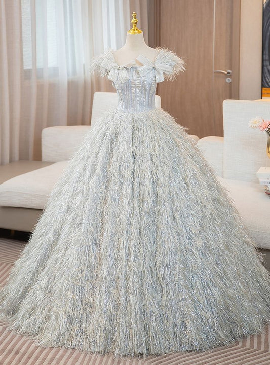 Vestido de fiesta largo de satén con plumas y hombros descubiertos, estilo princesa, vestido de noche GG748