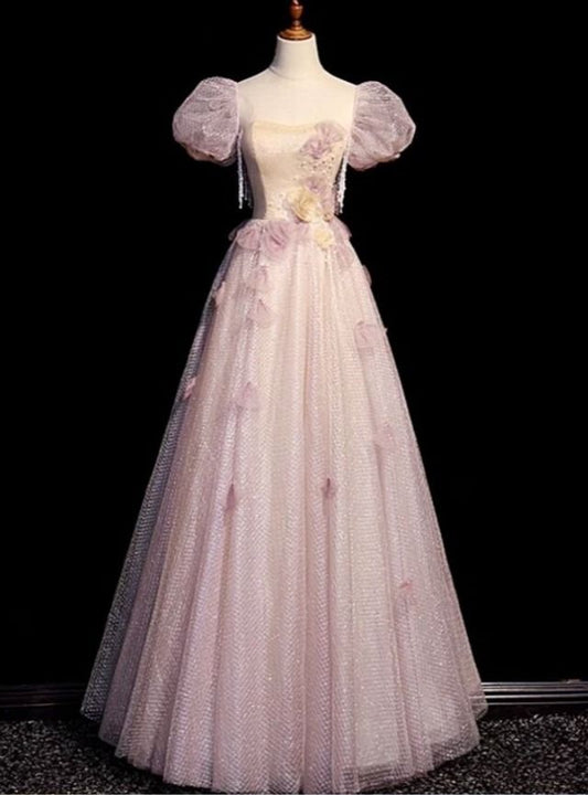 Vestido de fiesta largo elegante de corte A con escote en forma de corazón, apliques de tul, mangas cortas abullonadas, vestido de noche GG761