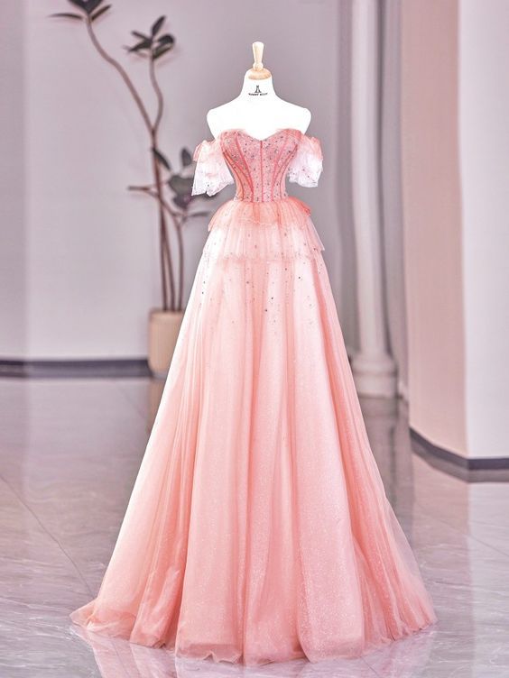 Hermoso vestido de fiesta largo de tul con lentejuelas y cuentas, corte en A, hombros descubiertos, vestido de noche GG764