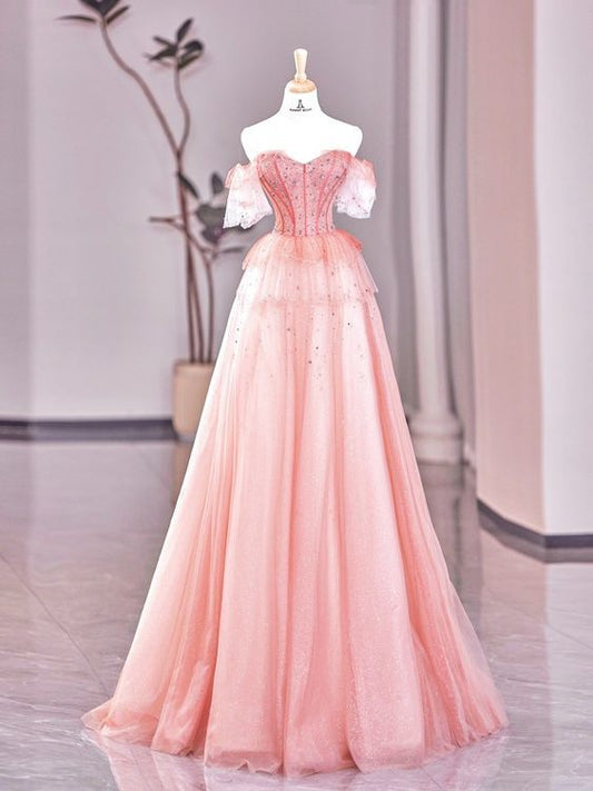 Hermoso vestido de fiesta largo de tul con lentejuelas y cuentas, corte en A, hombros descubiertos, vestido de noche GG764