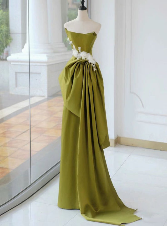 Vestido de fiesta largo de satén, elegante, sin tirantes, con pliegues y apliques, vestido de noche GG768