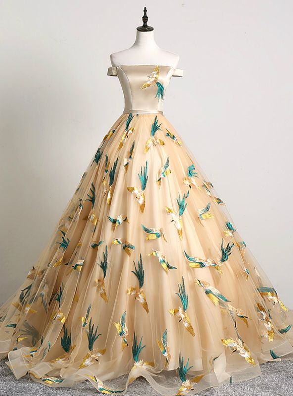 Vestido de fiesta largo de satén con apliques dorados y hombros descubiertos, vestido de noche GG771
