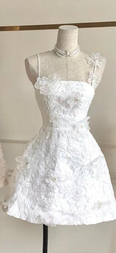 Vestido corto de fiesta con tirantes finos, encaje y flores, corte A, para regreso a casa y noche, GG778