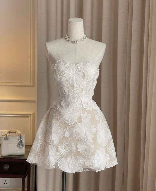 Elegante vestido de fiesta corto de tul sin tirantes, corte A, con apliques, para regreso a casa y noche GG782