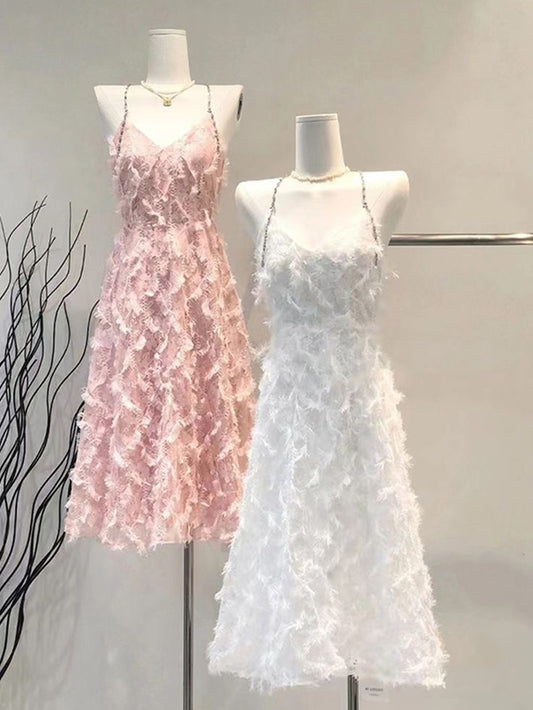 Vestido de fiesta elegante de tul con tirantes finos, corte en A y cuentas, largo hasta la rodilla, para regreso a casa y noche (GG785)