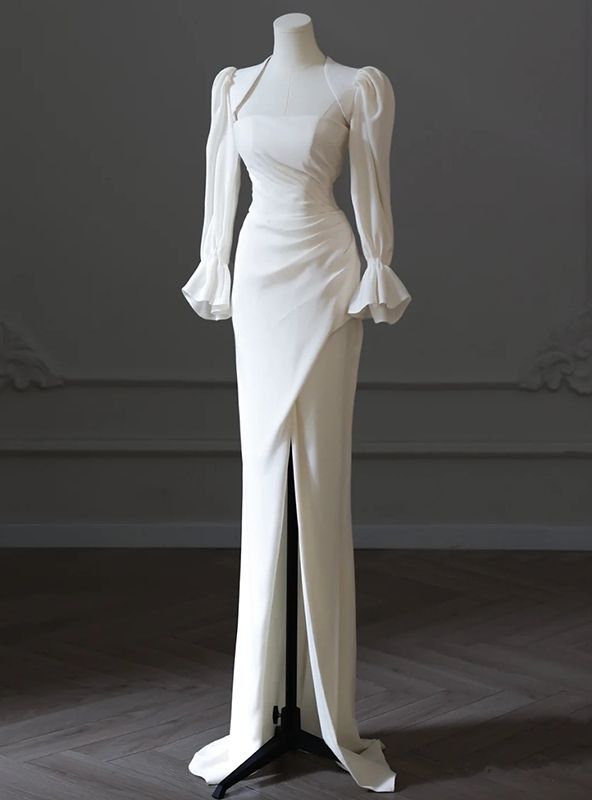 Vestido de fiesta largo de sirena, elegante, blanco, sin tirantes, de satén, plisado, con abertura y chaqueta, manga larga, vestido de noche GG795