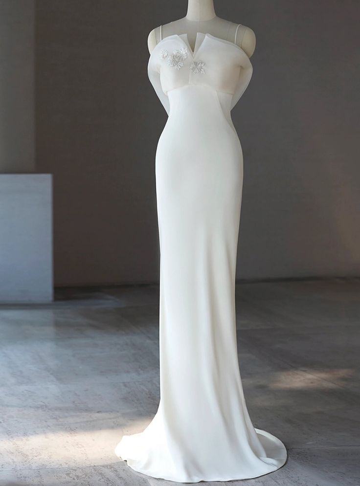 Vestido de fiesta largo de satén blanco con tirantes finos y corte sirena, elegante, vestido de noche GG796