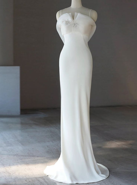 Vestido de fiesta largo de satén blanco con tirantes finos y corte sirena, elegante, vestido de noche GG796