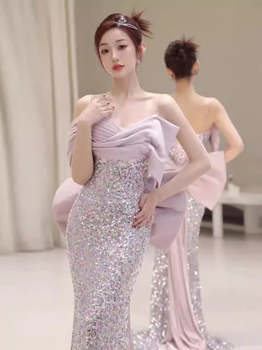 Vestido de fiesta largo estilo sirena con hombros descubiertos y lentejuelas, lazo en la espalda, estilo princesa, vestido de noche GG807