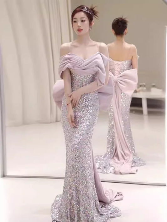 Vestido de fiesta largo estilo sirena con hombros descubiertos y lentejuelas, lazo en la espalda, estilo princesa, vestido de noche GG807