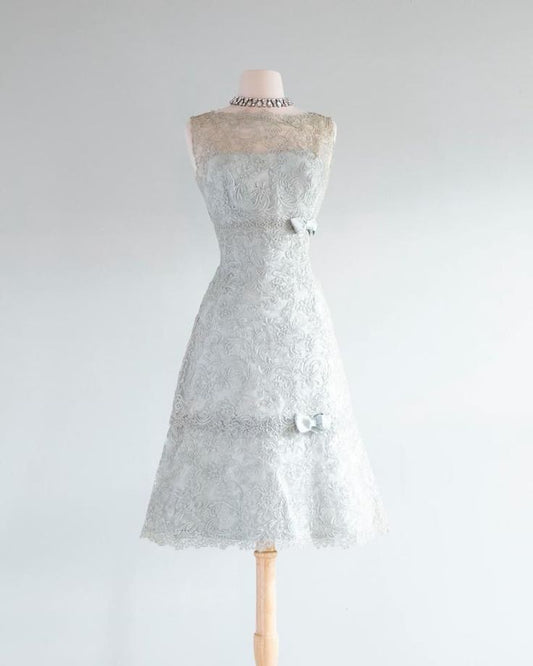 Vestido de fiesta corto azul pálido con apliques de encaje y corte barco, vestido de noche GG812