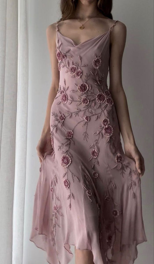 Vestido de fiesta elegante de corte A con tirantes finos, de gasa rosa empolvado, floral, largo hasta la rodilla, vestido de noche GG825