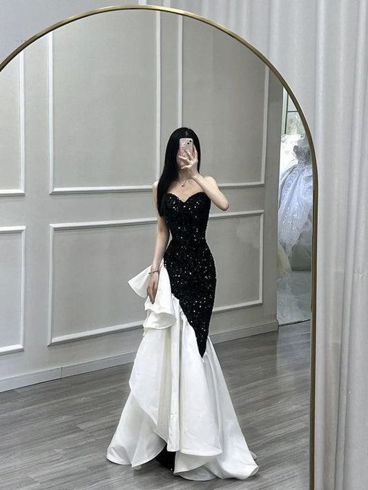 Vestido de fiesta largo de satén con escote sirena, elegante, sin tirantes y dobladillo con lentejuelas, vestido de noche GG839