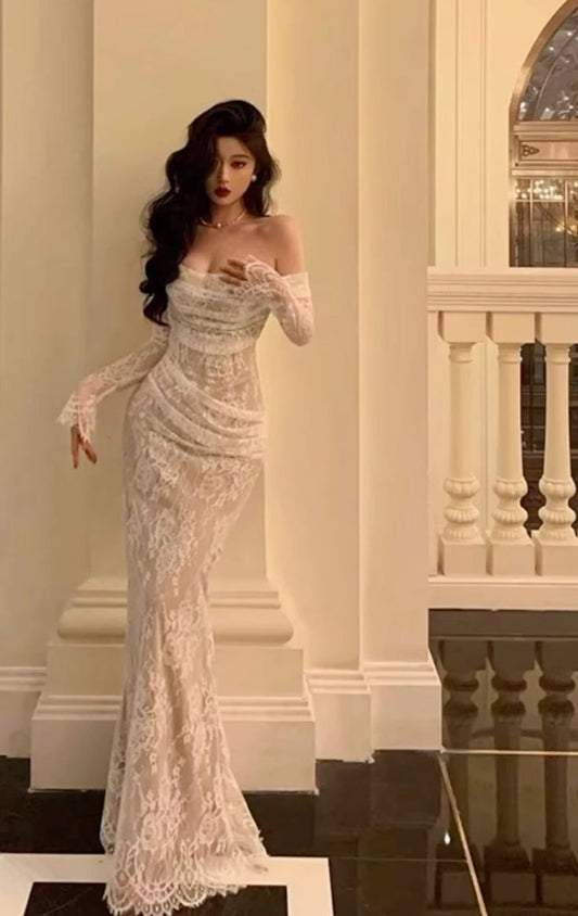 Vestido de fiesta elegante de sirena con hombros descubiertos, apliques de encaje blanco, manga larga, vestido de noche GG857