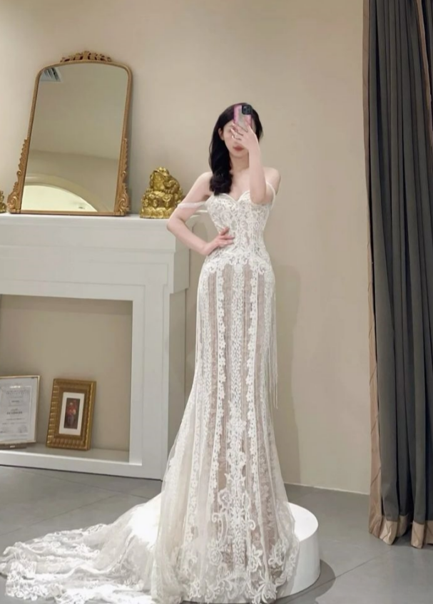 Vestido de fiesta largo de sirena con hombros descubiertos y apliques de encaje blanco, elegante, para novia y noche, GG860