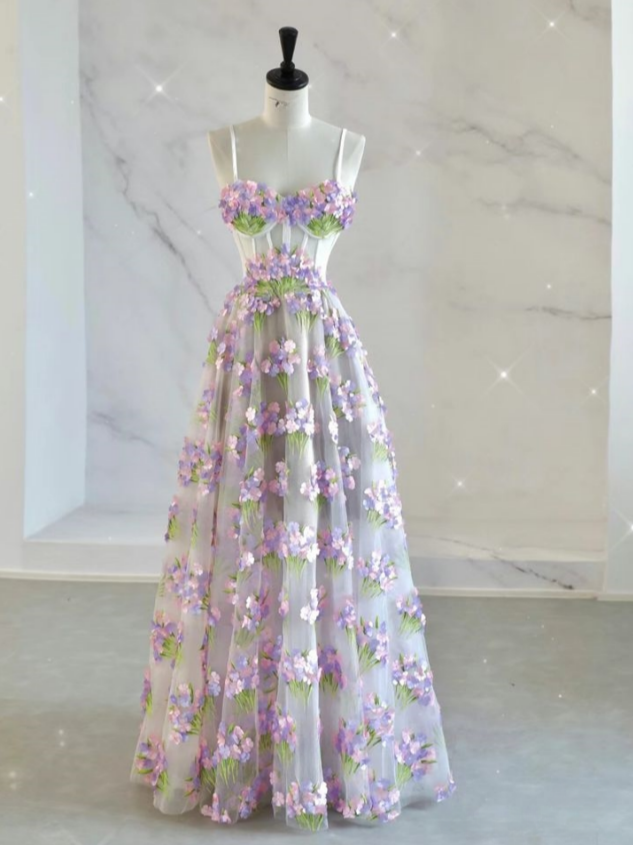 Vestido de fiesta largo de gasa con tirantes finos, corte en A y apliques florales, vestido de noche GG864