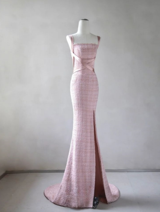 Vestido de fiesta largo de satén rosa con corte sirena y abertura, elegante, vestido de noche GG868