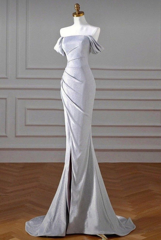 Vestido de fiesta largo de satén gris plateado con hombros descubiertos, corte sirena y purpurina, plisado y abertura, vestido de noche GG871