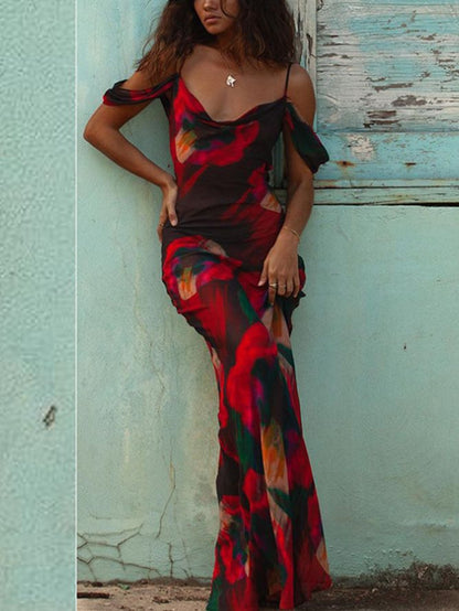 Vestido de fiesta largo de gasa con escote en A, tirantes finos y hombros descubiertos, vestido de noche GG873