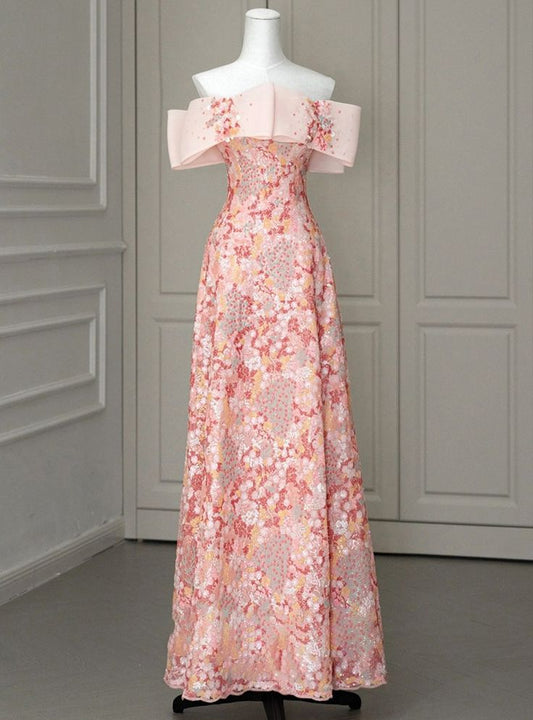 Vestido de fiesta largo de tul con lentejuelas y hombros descubiertos, corte A, ideal para noche, GG874