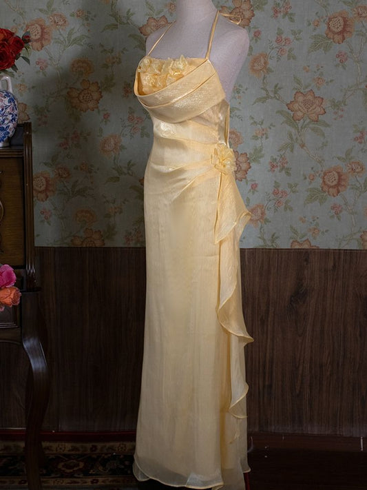 Vestido de fiesta largo de gasa amarilla con cuello halter y elegante corte sirena, vestido de noche GG879