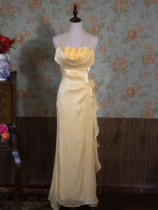 Vestido de fiesta largo de gasa amarilla con cuello halter y elegante corte sirena, vestido de noche GG879